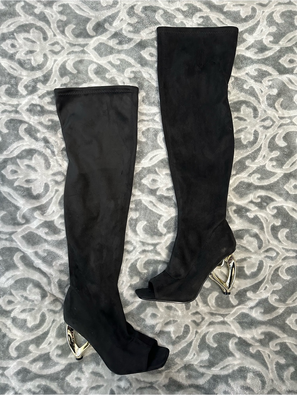 Yoki Black Over-the-Knee Peep-Toe Boots with Sculptural Gold Heel